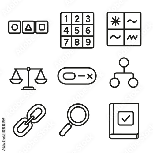 Logic Games Icons. Outline style icons of Logic Games Silhouette: sequence tiles, number grid, pattern match icons, deduction