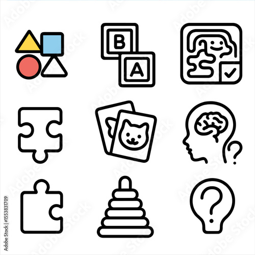 Kids Puzzle Icons. Outline style icons of Kids Puzzle Games Silhouette: colorful shapes, learning blocks, cartoon maze, match
