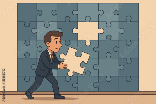 Businessman leader placing the final piece of a huge jigsaw puzzle. Business metaphor for solution, strategy, and completion. Concept for success, teamwork, and problem-solving.