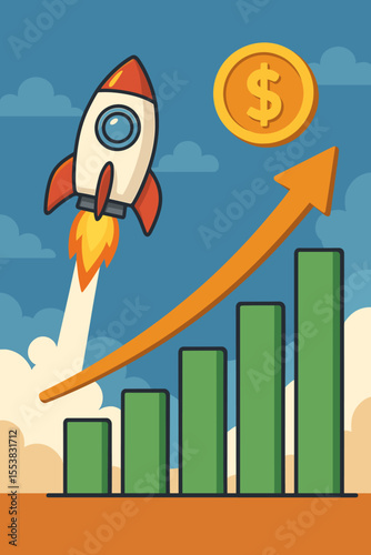 Financial growth rocket launching upward with increasing sales bar chart and profit dollar coin, business success concept, profit increase, investment, startup boost vector illustration
