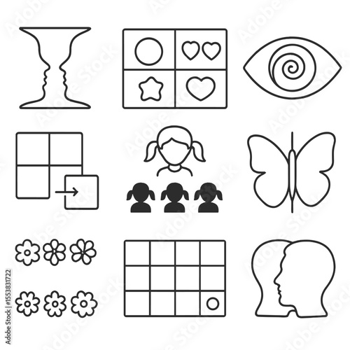 Visual Puzzle Icons. Outline style icons of Visual Puzzle Silhouette: optical illusion icon, find difference panel, visual trick