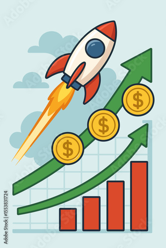 Financial growth rocket propelling business sales and profit increase. Upward trend arrow graph with dollar coins. Startup success, investment boost and market development concept.