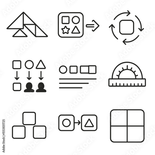 Shape Puzzle Icons. Outline style icons of Shape Puzzles Silhouette: tangram pieces, fitting shapes, rotation puzzle, matching