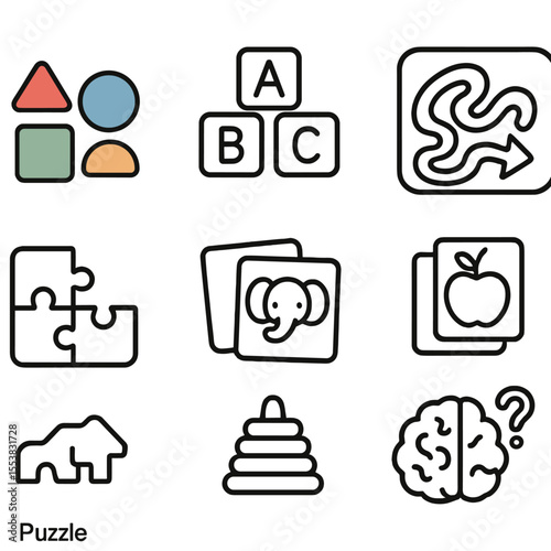 Kids Puzzle Icons. Outline style icons of Kids Puzzle Games Silhouette: colorful shapes, learning blocks, cartoon maze, match