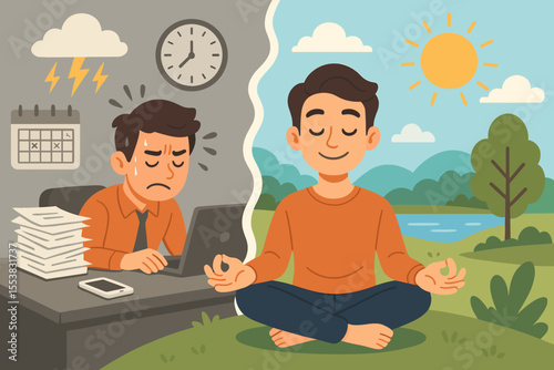 Stressful office life vs peaceful meditation in nature. Concept of work-life balance, mental health, and burnout. Man escaping anxiety for inner peace and calm. Vector illustration.