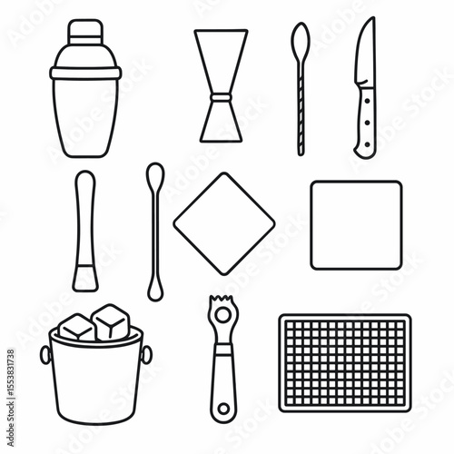 Summer Bar Icons. Outline style icons of Summer Bar Essentials Silhouette: cocktail shaker, measuring jigger, garnish knife,