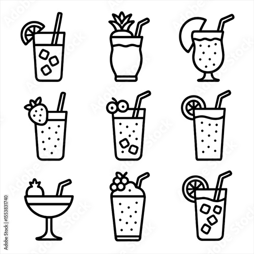 Fruit Drink Icons. Outline style icons of Fruit-Based Drinks Silhouette: orange juice glass, pineapple smoothie, mango lassi,