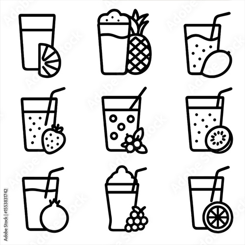 Fruit Drink Icons. Outline style icons of Fruit-Based Drinks Silhouette: orange juice glass, pineapple smoothie, mango lassi,