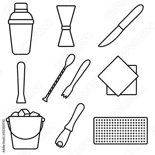 Summer Bar Icons. Outline style icons of Summer Bar Essentials Silhouette: cocktail shaker, measuring jigger, garnish knife,