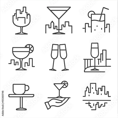 Rooftop Drink Icons. Outline style icons of Rooftop Drinks Silhouette: skyline glass silhouette, rooftop martini, city view drink,
