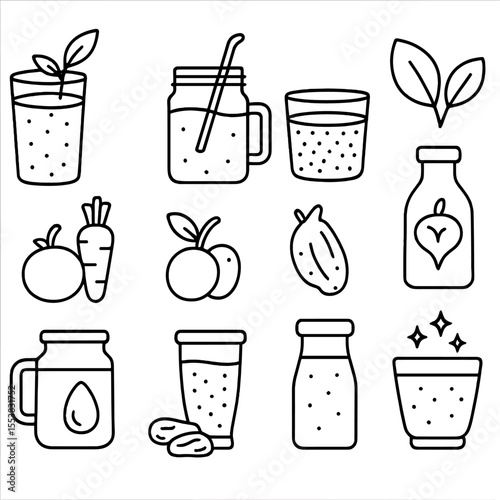 Healthy Drink Outlines. Outline style icons of Healthy Summer Drinks Silhouette: green smoothie glass, detox drink with straw,