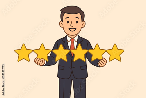 Businessman holding five yellow stars for a positive customer review. Concept of user rating, feedback, and satisfaction. Excellent service and high quality score cartoon vector.