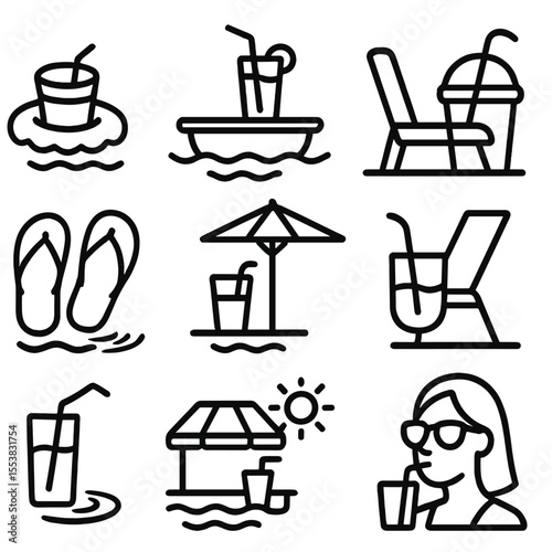 Poolside Refreshment Icons. Outline style icons of Poolside Refreshments Silhouette: floaty cup, pool tray with drink, flip-flops