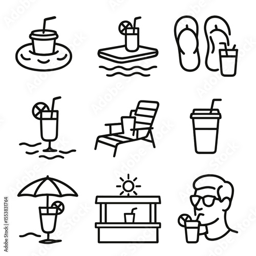 Poolside Refreshment Icons. Outline style icons of Poolside Refreshments Silhouette: floaty cup, pool tray with drink, flip-flops
