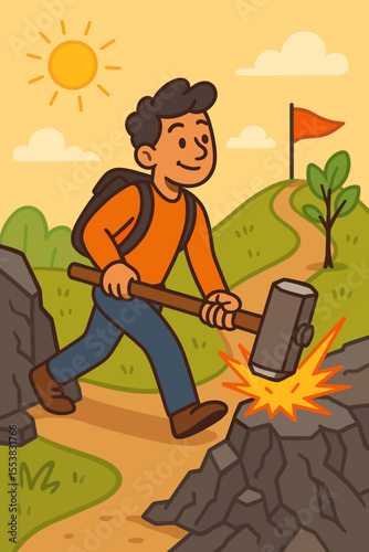 Motivated man forging his own path to success and personal growth, breaking through obstacles with hammer, determined journey, outdoor adventure, goal achievement concept, vector cartoon illustration