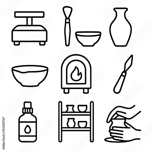 Pottery Tools Icons. Outline style icons of Pottery and Ceramics: clay wheel, sculpting tool, handmade bowl, ceramic vase, kiln