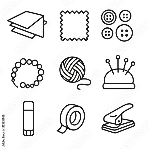 Craft Supplies Icons. Outline style icons of Craft Supplies: craft paper stack, fabric swatch, buttons set, bead string, yarn ball