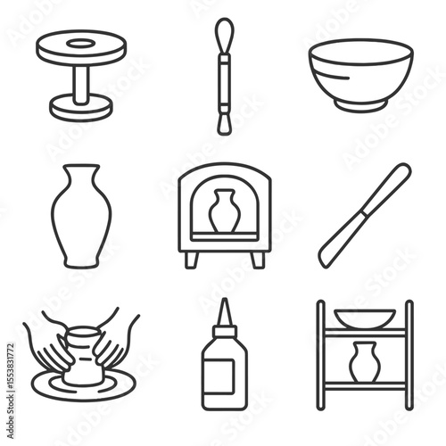 Pottery Tools Icons. Outline style icons of Pottery and Ceramics: clay wheel, sculpting tool, handmade bowl, ceramic vase, kiln