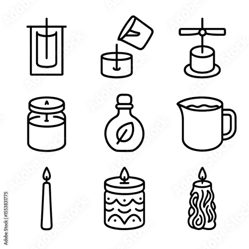 Candle Making Icons. Outline style icons of Candle Making: candle mold, wax pour icon, wick center, jar candle, scent bottle,