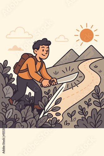 Forging your own unique path to success and personal growth. Man uses machete to clear obstacles on winding road towards mountains. Self-made journey.