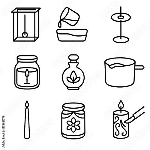 Candle Making Icons. Outline style icons of Candle Making: candle mold, wax pour icon, wick center, jar candle, scent bottle,