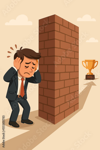 Frustrated businessman hitting a wall. Career challenge concept with man blocked from success trophy. Metaphor for business obstacle, failure, setback, and professional crisis.