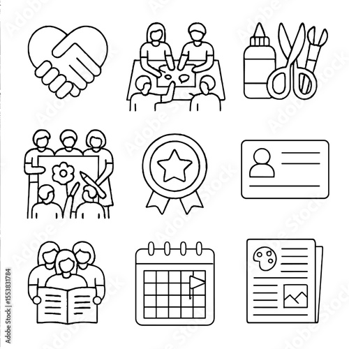 Craft Club Icons. Outline style icons of Craft Club: community hands, group art table, shared materials, team project, badge pin,