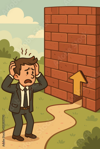 Frustrated Businessman Facing Insurmountable Brick Wall Obstacle Blocking Path to Success. Symbolizing Challenges, Setbacks, Stress, and Problem-Solving in Career. Vector Cartoon Illustration.