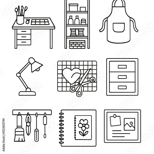 Craft Workspace Icons. Outline style icons of Craft Workspace: organized table, supply shelf, apron icon, task lamp, project in