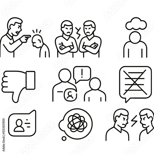 Outline Workplace Criticism Icons. Outline style icons of Workplace Criticism: boss scolding employee, bad teamwork icon, peer