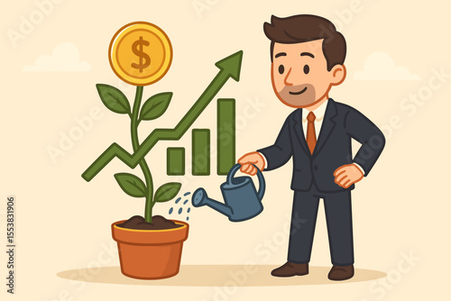 Businessman watering a money tree with a graph chart arrow, a metaphor for investment growth. Financial success concept, nurturing capital for profit, wealth, and savings.