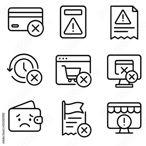 Failed Transaction Icons. Outline style icons of Failed Transaction: declined card icon, failed payment alert, warning on invoice,