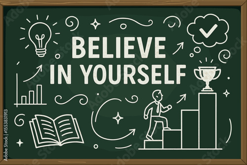 Believe in yourself motivational quote on a green chalkboard. Inspirational vector concept for success, personal development, career growth, goals, and self-confidence. Chalk drawing.