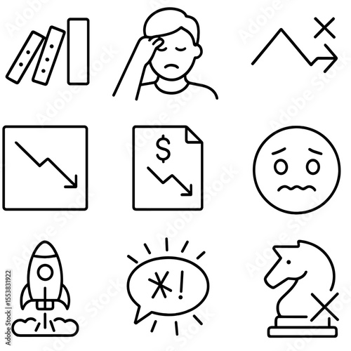 Bad Decision Icons. Outline style icons of Bad Decision Impact: domino effect icon, decision regret symbol, strategy failure arrow