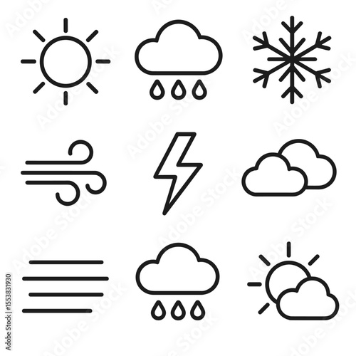 Weather Icons Outline. Outline style icons of Weather Basics: sun, rain cloud, snowflake, wind gust, thunderbolt, cloudy sky, fog