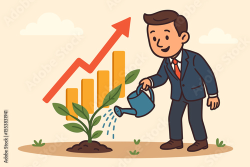 Investment Growth Concept: Businessman Nurturing and Watering Graph Plant to Increase Wealth and Profits. Financial Success and Business Development Strategy. Vector Illustration.