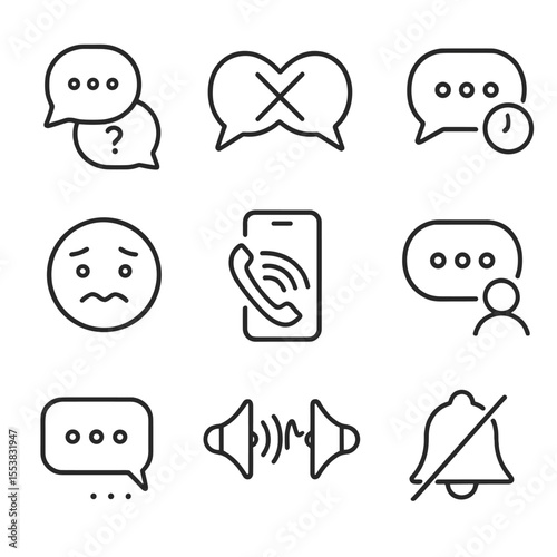 Poor Communication Icons. Outline style icons of Poor Communication: miscommunication bubble, crossed conversation icon, message