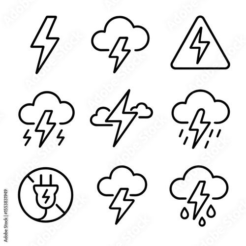 Thunderstorm Icon Set. Outline style icons of Thunderstorm: lightning bolt, thundercloud, storm alert triangle, flash in sky icon,