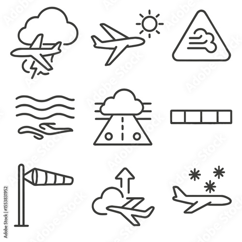 Aviation Weather Icons. Outline style icons of Aviation Weather: airplane in storm cloud, clear flight weather, turbulence warning