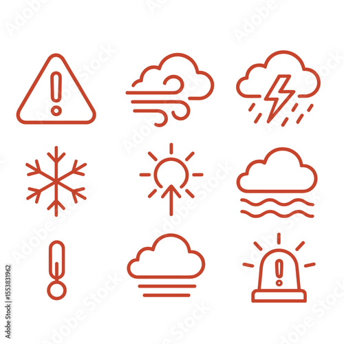 Weather Alert Icons. Outline style icons of Weather Alerts: red warning triangle, wind alert, thunderstorm alert, flash flood