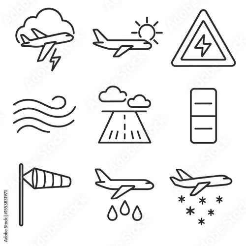 Aviation Weather Icons. Outline style icons of Aviation Weather: airplane in storm cloud, clear flight weather, turbulence warning