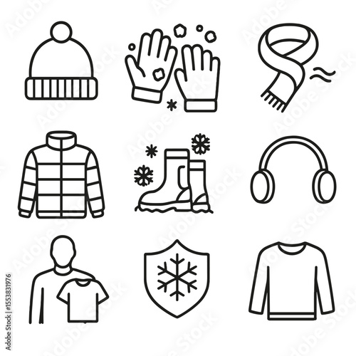 Cold Weather Icons. Outline style icons of Cold Weather Clothing: beanie hat icon, gloves with snow, scarf and wind, thermal