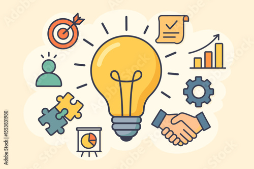 Bright Light Bulb with Business Success Ideas, Inspirational Tips, Strategy Concepts, Teamwork, Growth Chart, Puzzle Solution, Handshake Partnership, and Innovation Vector Illustration