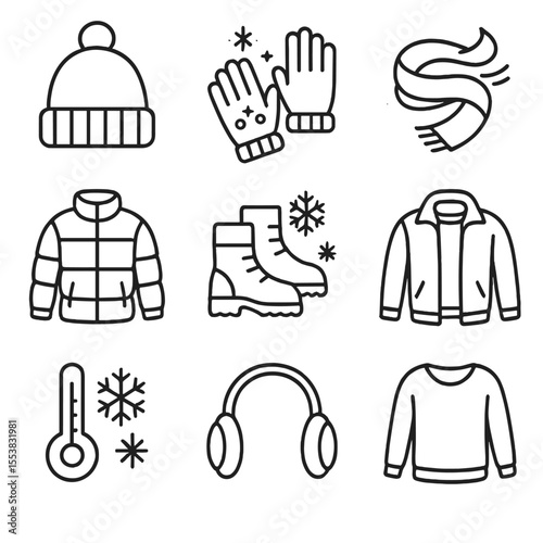 Cold Weather Icons. Outline style icons of Cold Weather Clothing: beanie hat icon, gloves with snow, scarf and wind, thermal