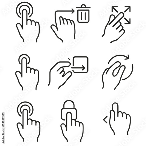 Gesture Command Icons. Outline style icons of Gesture Commands: tap to open, swipe to delete, pinch to close, hold to select, drag