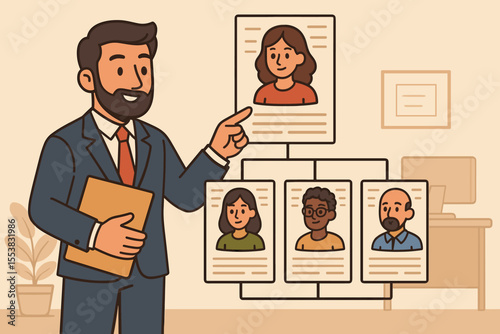 Manager planning organizational structure chart. HR business concept for team building, recruitment, company hierarchy, and staffing. Corporate management and career strategy. Vector.