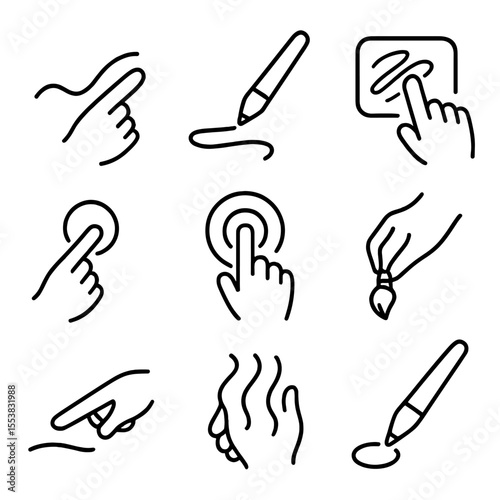 Digital Drawing Gestures. Outline style icons of Drawing and Sketching Gestures: finger draw motion, stylus curve path, digital