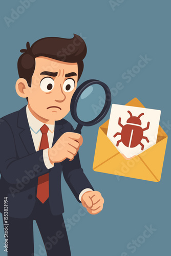 Businessman with magnifying glass investigates email with virus bug. Cybersecurity concept of phishing, malware, spam and internet threat. Data protection and scam awareness vector.