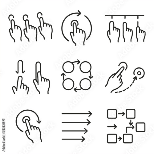 Gesture Animation Icons. Outline style icons of Gesture Animation Frames: step-by-step finger motion, circle path gesture,