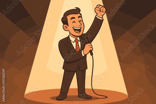 Businessman giving a motivational speech on stage. Charismatic public speaker with microphone under a spotlight. Leadership, success, and inspiration concept. Cartoon vector of a coach.